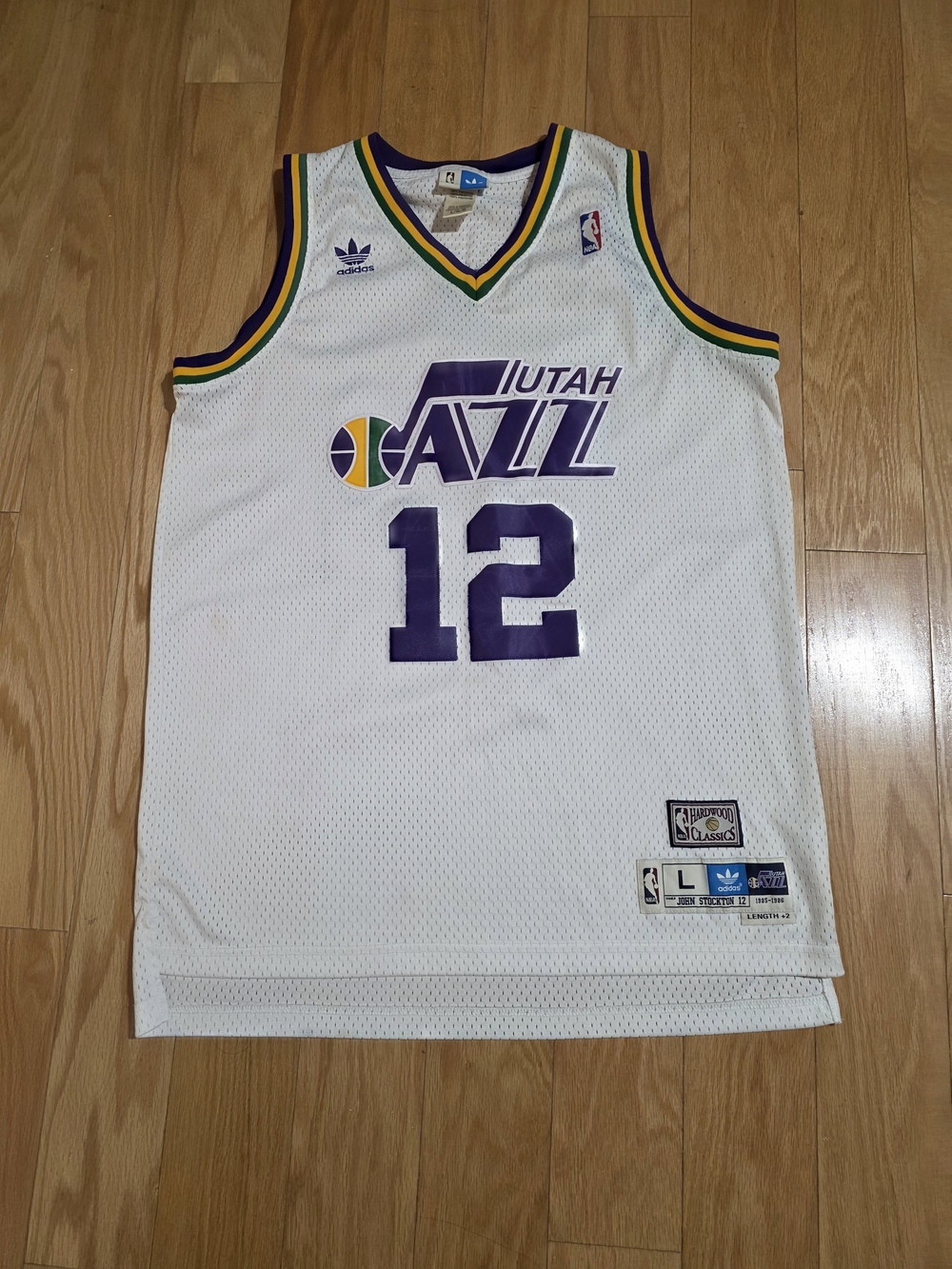 John Stockton Jersey Men's Utah Jazz #12 White Adidas Hardwood Classics Sz L